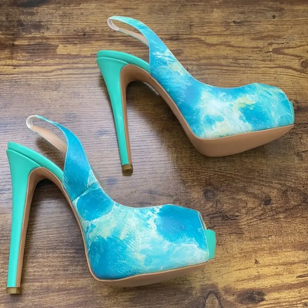 FSJ Blue & Green Abstract Paint Design Platform Slingback 5.5” + Heel - Picture 3 of 12